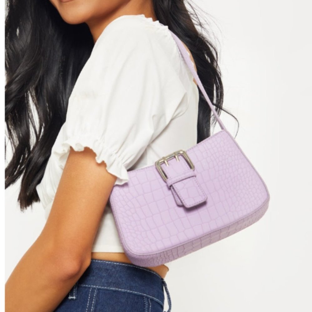 Lilac Croc Buckle Front Shoulder Bag